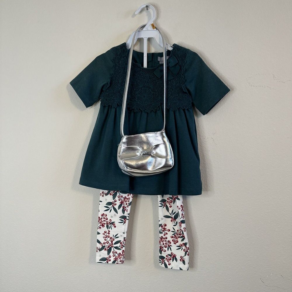 Tahari Girls Size 3T Green Floral Lace Dress + Leggings + Purse Holiday dress